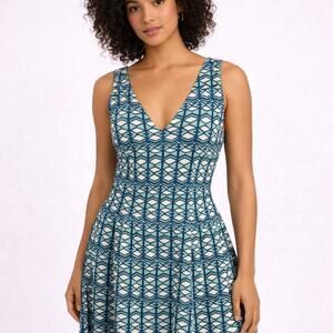 Anthro Maeve Fit Flare Mini Dress 6 Green Blue Geometric Print Sleeveless